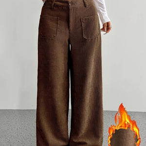 Comfy Family 1pc Women'S Casual Corduroy Wide Leg Pants, Solid Pattern, Polyester, Four Seasons, Adult Fit, Woven Fabric Coffee color / XS