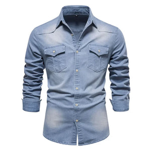 Comfy Family AIOPESON Brand Elastic Cotton Denim Shirt Men Long Sleeve Quality Cowboy Shirts for Men Casual Slim Fit Mens Designer Clothing LightBlue / USA M 60-70 kg