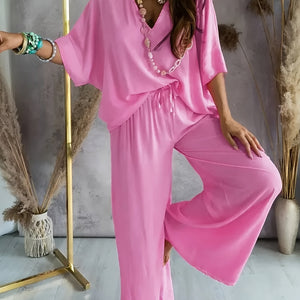 Comfy Family Casual Solid Color Pants Set, Half Sleeve V Neck Top & Wide Leg Pants Outfits, Women's Clothing Bright Pink Color / S