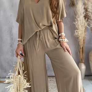 Comfy Family Casual Solid Color Pants Set, Half Sleeve V Neck Top & Wide Leg Pants Outfits, Women's Clothing Khaki / S