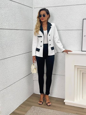 Comfy Family Color Block Two-piece Set, Casual Button Front Blazer & Straight Leg Pants Outfits, Women's Clothing