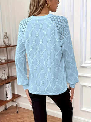 Comfy Family Elegant Lantern Sleeve Crew Neck Top - Exquisite Solid Lace Stitching, Feminine Eyelet Details, Comfortable Women's Clothing for Daily Wear