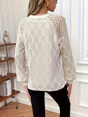 Comfy Family Elegant Lantern Sleeve Crew Neck Top - Exquisite Solid Lace Stitching, Feminine Eyelet Details, Comfortable Women's Clothing for Daily Wear