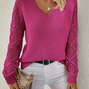 Comfy Family Hollow Out V Neck Pullover Sweater, Elegant Long Sleeve Knit Sweater, Women's Clothing Fuchsia / S