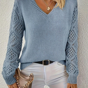 Comfy Family Hollow Out V Neck Pullover Sweater, Elegant Long Sleeve Knit Sweater, Women's Clothing Light Blue / S