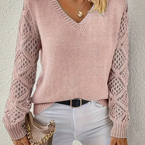 Comfy Family Hollow Out V Neck Pullover Sweater, Elegant Long Sleeve Knit Sweater, Women's Clothing Pink Color / S