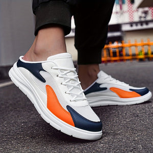 Comfy Family Men's Casual Slip-On Sneakers - Navy Blue & White Geometric Design, Breathable Synthetic Upper, Comfortable EVA Sole, Lightweight Low-Top Style for Casual Attire White Blue Orange / EU 38