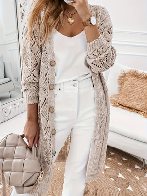 Comfy Family Solid Pointelle Knitted Cardigan, Casual Button Front Long Sleeve Cardigan, Women's Clothing