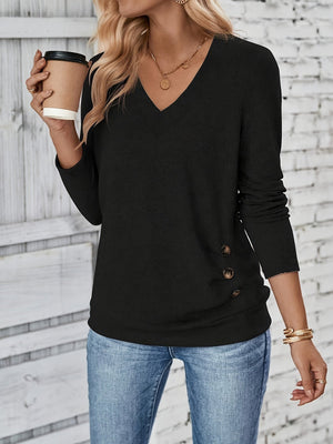 Comfy Family Women'S Elegant Long Sleeve V-Neck T-Shirt with Button Detail - 100% Polyester Knit Fabric, Solid Color, Regular Length for Spring and Fall