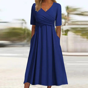 Comfy Family Xanthea - Pleated V-Neck Short Sleeve Dress